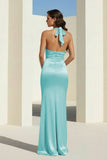 Sky Blue Halter Satin Mermaid Open Back Long Formal Prom Dresses