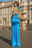 Sky Blue Halter Satin Mermaid Open Back Long Formal Prom Dresses
