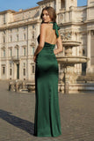 Sky Blue Halter Satin Mermaid Open Back Long Formal Prom Dresses