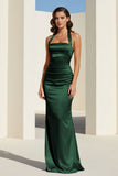 Sky Blue Halter Satin Mermaid Open Back Long Formal Prom Dresses