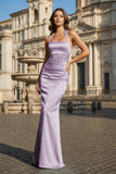 Sky Blue Halter Satin Mermaid Open Back Long Formal Prom Dresses