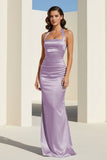 Sky Blue Halter Satin Mermaid Open Back Long Formal Prom Dresses