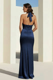Sky Blue Halter Satin Mermaid Open Back Long Formal Prom Dresses