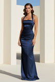 Sky Blue Halter Satin Mermaid Open Back Long Formal Prom Dresses