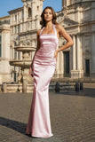 Sky Blue Halter Satin Mermaid Open Back Long Formal Prom Dresses