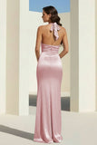Sky Blue Halter Satin Mermaid Open Back Long Formal Prom Dresses