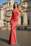 Sky Blue Halter Satin Mermaid Open Back Long Formal Prom Dresses