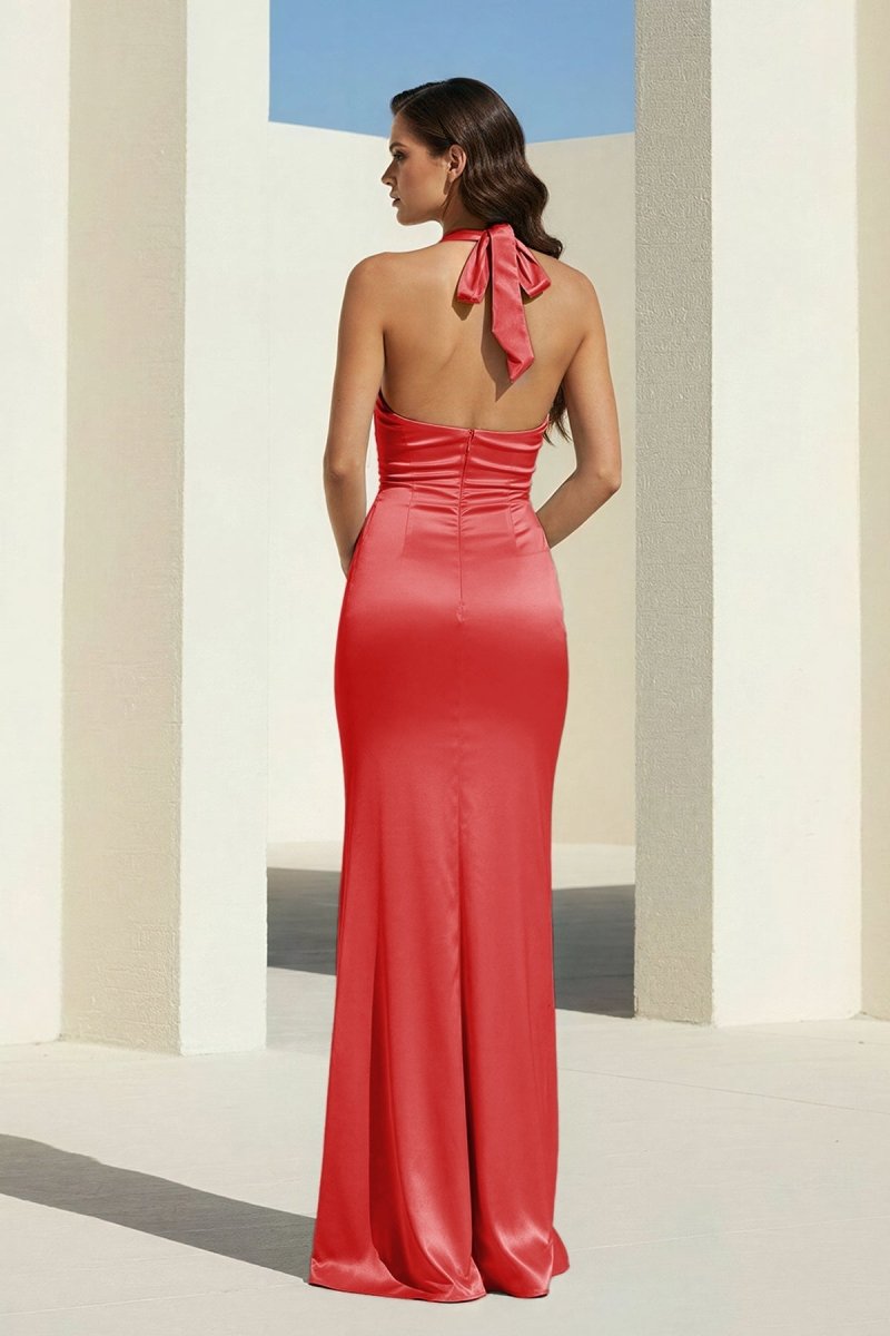 Sky Blue Halter Satin Mermaid Open Back Long Formal Prom Dresses
