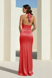 Sky Blue Halter Satin Mermaid Open Back Long Formal Prom Dresses