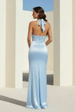 Sky Blue Halter Satin Mermaid Open Back Long Formal Prom Dresses