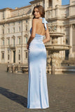 Sky Blue Halter Satin Mermaid Open Back Long Formal Prom Dresses