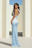 Sky Blue Halter Satin Mermaid Open Back Long Formal Prom Dresses