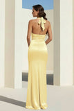 Sky Blue Halter Satin Mermaid Open Back Long Formal Prom Dresses