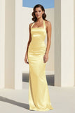 Sky Blue Halter Satin Mermaid Open Back Long Formal Prom Dresses