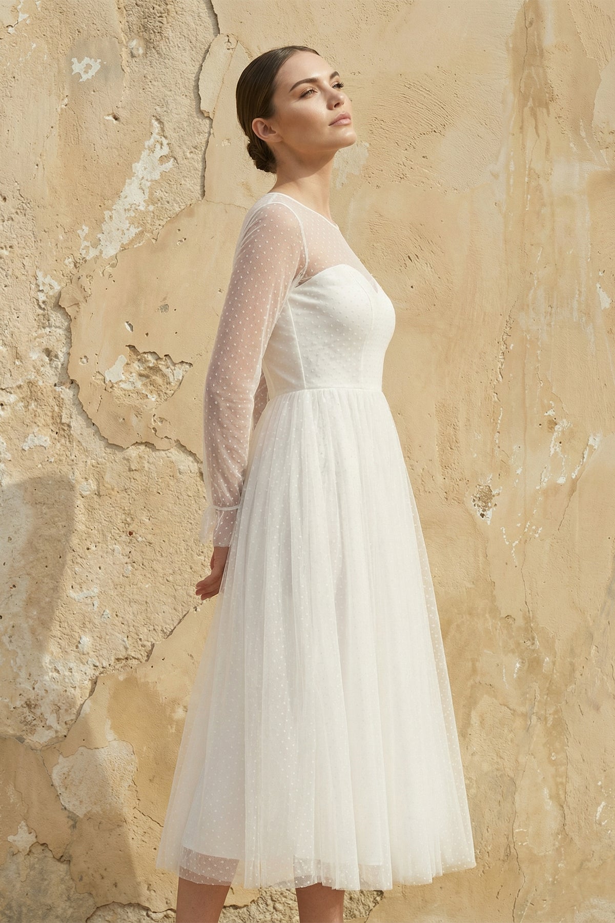 Elegant A-Line Long Sleeve Tea Length Wedding Dresses