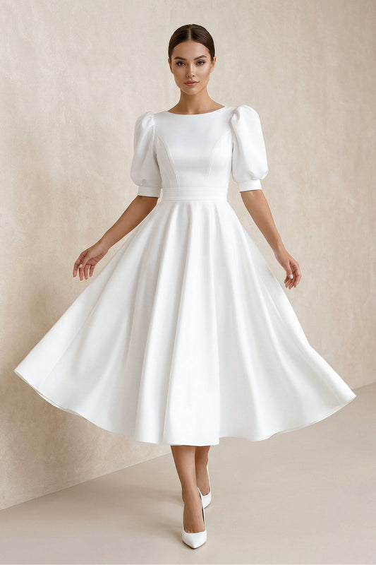 Elegant Bateau A Line Satin Knee-length Wedding Dress
