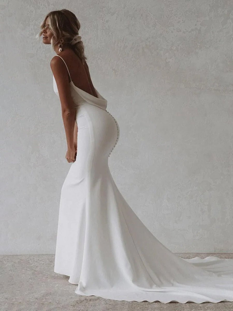 Elegant Mermaid V-Neck Elastic Satin Long Wedding Dresses