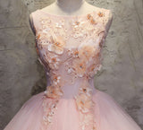 Pink A Line Organza Floor-Length Prom Dress with Appliqued
