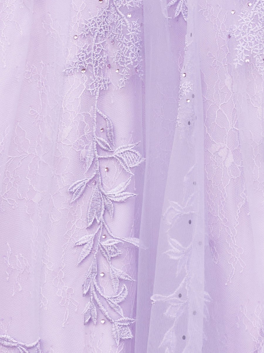 A-line V Neck Lace Tulle Prom Dress With Slit