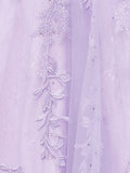 A-line V Neck Lace Tulle Prom Dress With Slit