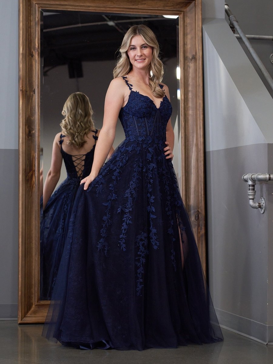 A-line V Neck Lace Tulle Prom Dress With Slit
