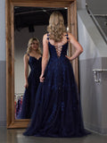 A-line V Neck Lace Tulle Prom Dress With Slit