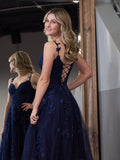 A-line V Neck Lace Tulle Prom Dress With Slit