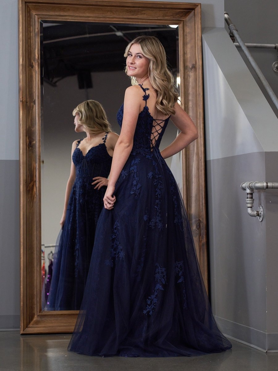 A-line V Neck Lace Tulle Prom Dress With Slit