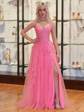A-line V Neck Lace Tulle Prom Dress With Slit