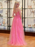A-line V Neck Lace Tulle Prom Dress With Slit