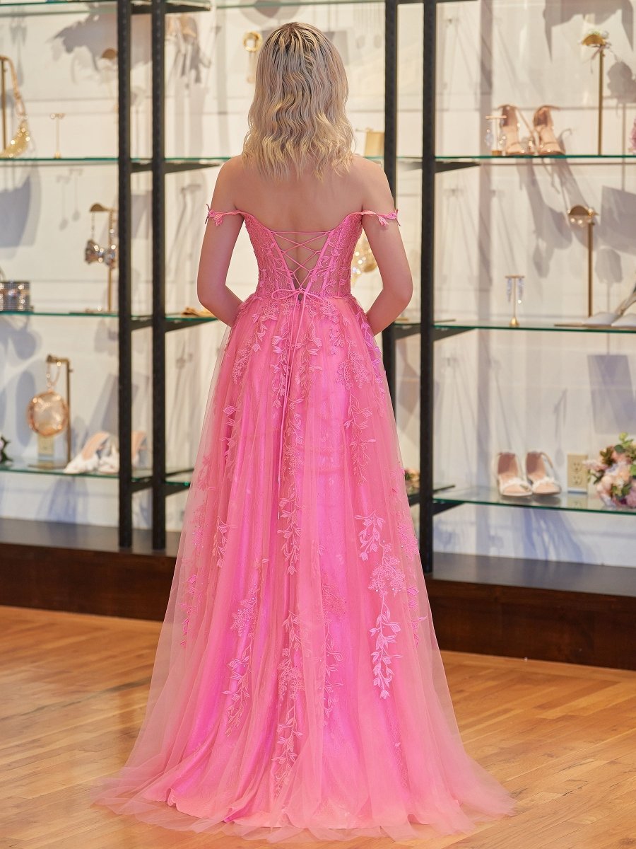 A-line V Neck Lace Tulle Prom Dress With Slit