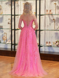 A-line V Neck Lace Tulle Prom Dress With Slit
