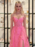 A-line V Neck Lace Tulle Prom Dress With Slit