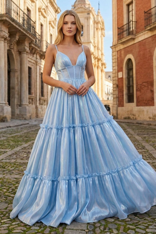 Cute A Line Spaghetti Straps Light Blue Glitter Organza Satin Prom Dress