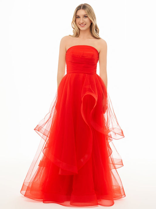Light Pink A Line Strapless Organza Prom Dress