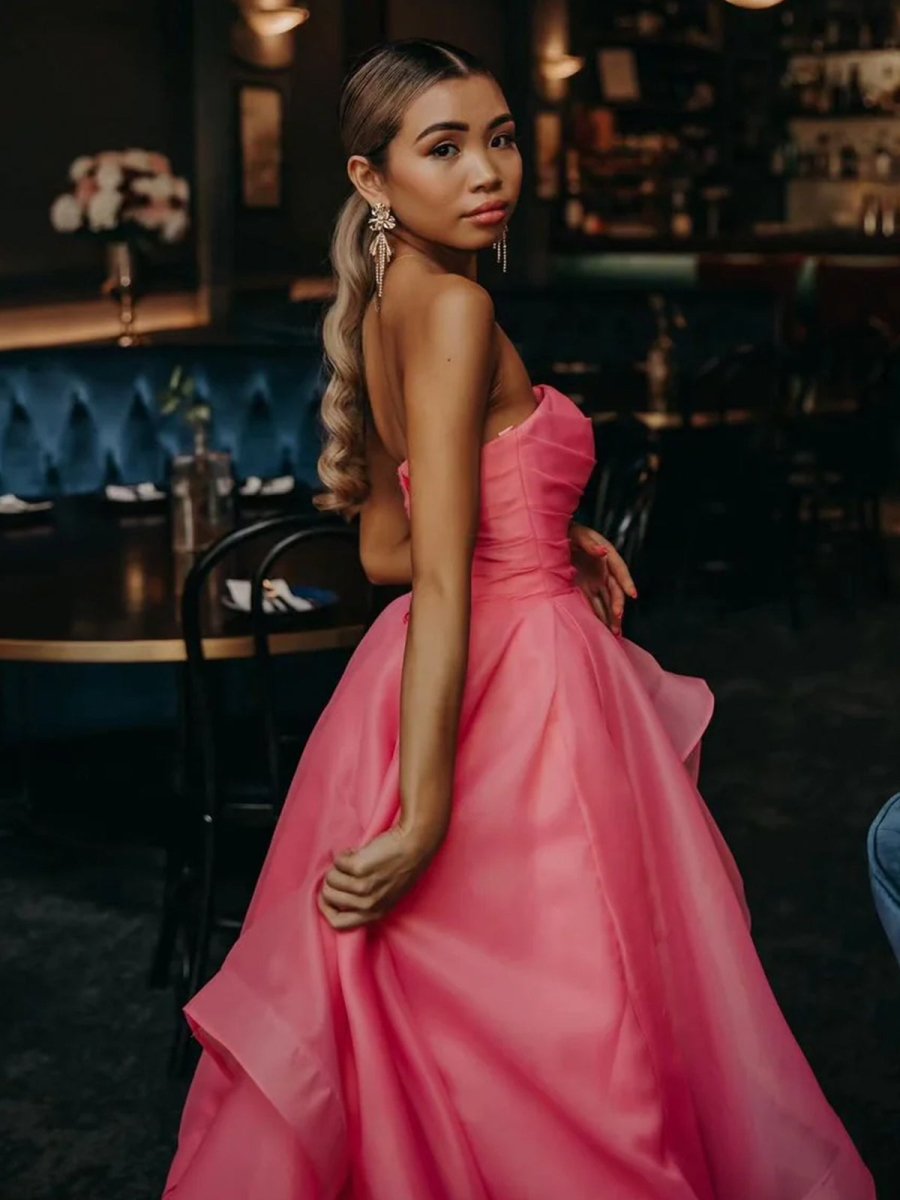 Light Pink A Line Strapless Organza Prom Dress
