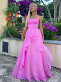 Light Pink A Line Strapless Organza Prom Dress