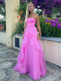 Light Pink A Line Strapless Organza Prom Dress