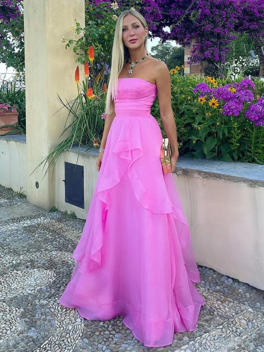 Light Pink A Line Strapless Organza Prom Dress