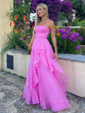 Light Pink A Line Strapless Organza Prom Dress