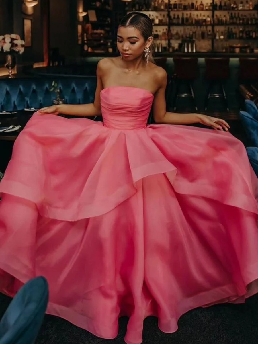 Light Pink A Line Strapless Organza Prom Dress