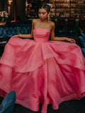 Light Pink A Line Strapless Organza Prom Dress