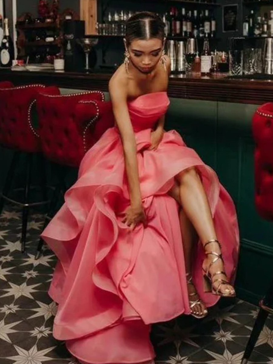 Light Pink A Line Strapless Organza Prom Dress