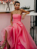 Light Pink A Line Strapless Organza Prom Dress