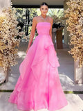 Light Pink A Line Strapless Organza Prom Dress