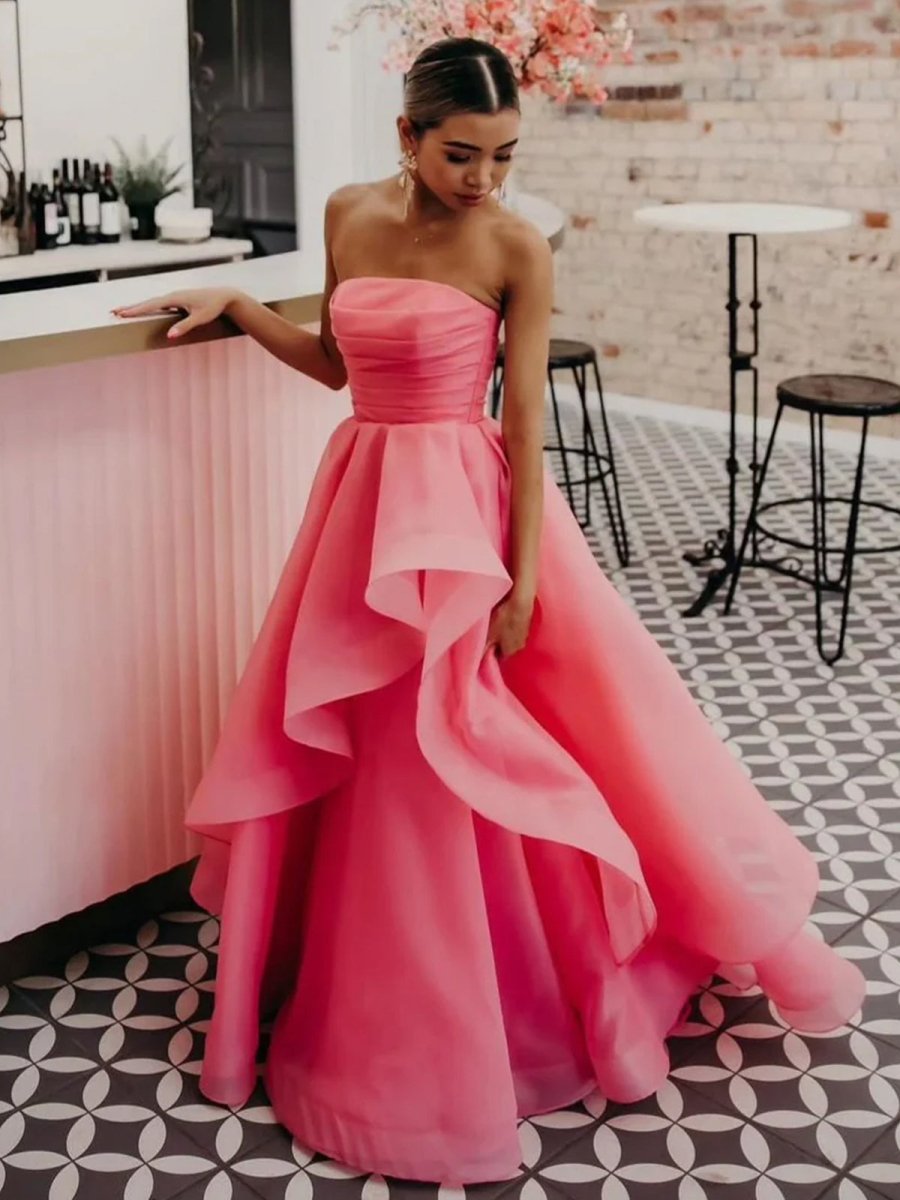 Light Pink A Line Strapless Organza Prom Dress