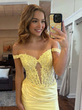 Yellow Off The Shoulder Bodycon Satin Pleated Homecoming Dresses With Appliques