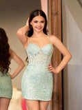Yellow Spaghetti Straps Tight Short Homecoming Dress with Appliques
