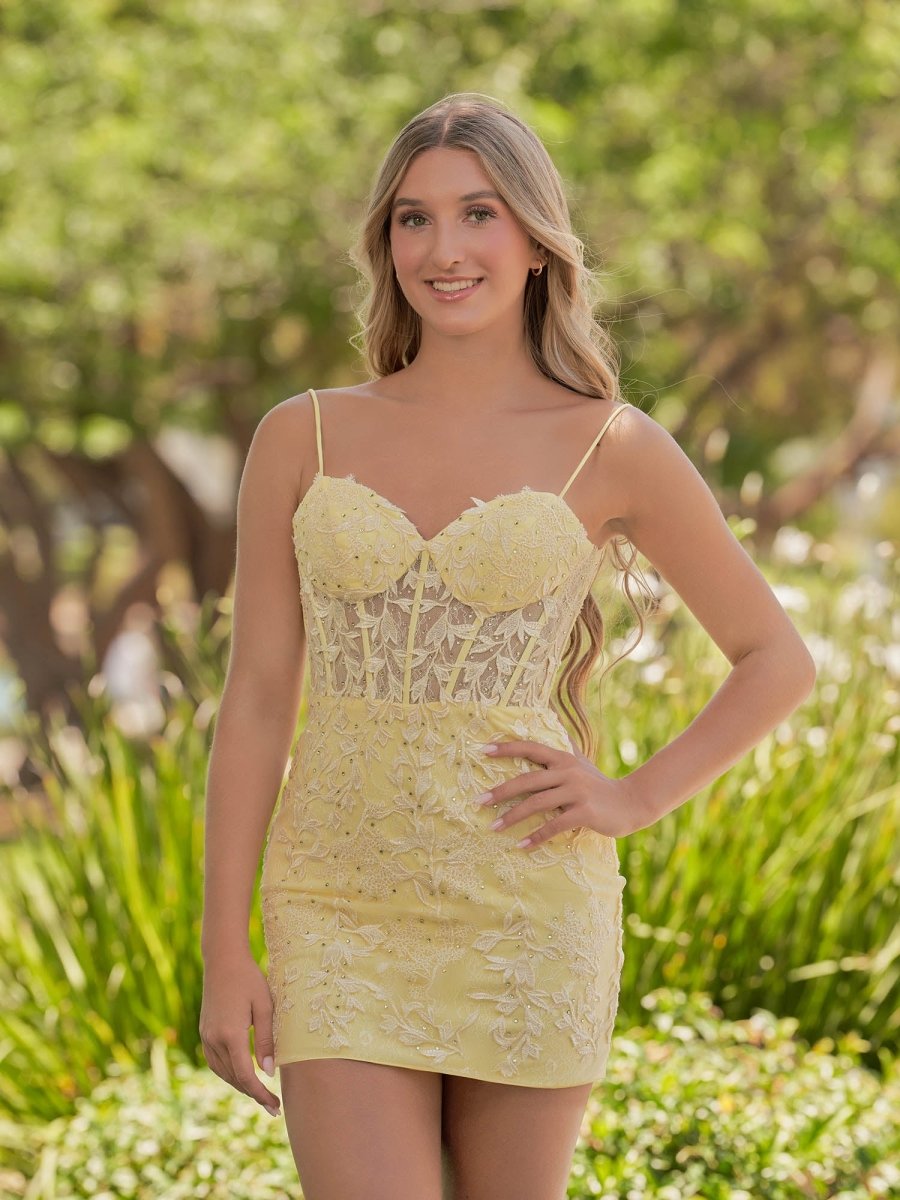 Yellow Spaghetti Straps Tight Short Homecoming Dress with Appliques