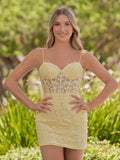 Yellow Spaghetti Straps Tight Short Homecoming Dress with Appliques